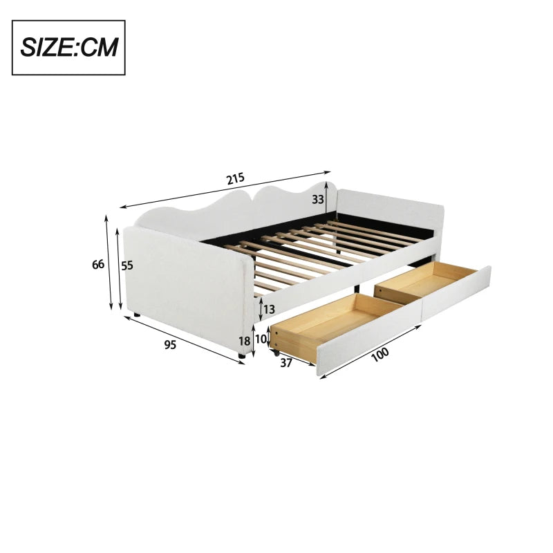 Kinderbed - Slaapbank met 2-laden - Teddybeerbedframe - Multifunctioneel Zacht -  Bed Met Rugleuning en Armleuningen -  90*200 cm -Wi t- (Ween matras)