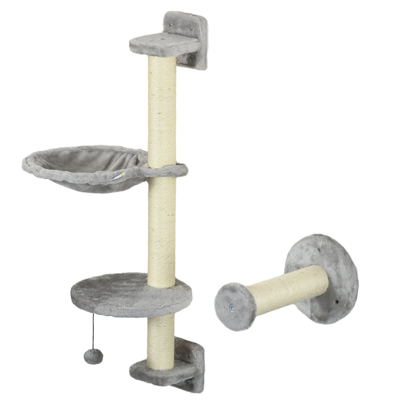 Klimrek - Klimrekken voor Kat - met - Hangmat - Bal - Set van 4 - Muur Bevestigd - Houtspaanplaat - Polyester Pluche - Maximale Capaciteit van 6-8 kg - 84.5x19x54 cm - Grijs - QUORE