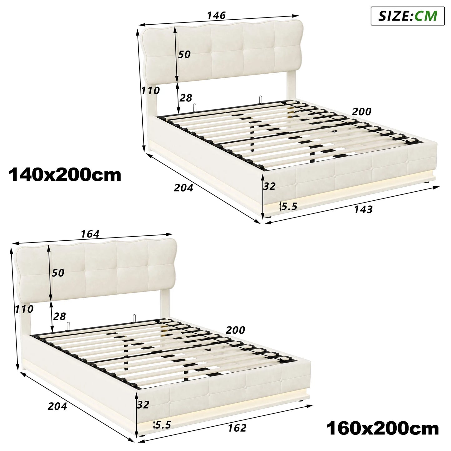 Bedframe – Bed – Ledikant – Opbergbed – Tweepersoonsbed – Velvet Hoofdeinde – Hydraulische Opbergruimte