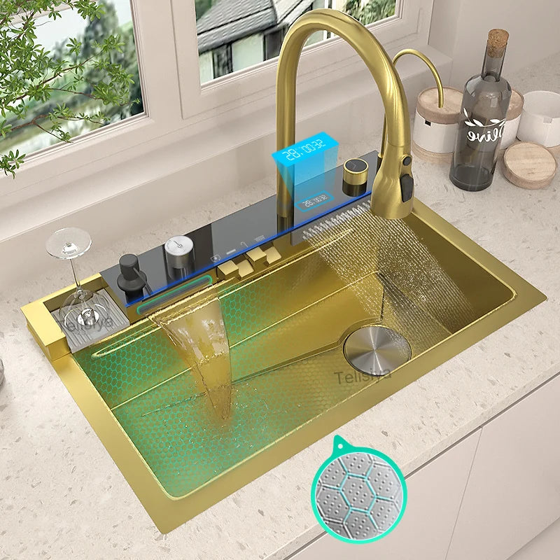 Golden Stainless Steel Waterfall Kitchen Sink Multifunctional Large Single Slot Digital Display Dishwashing Sinks