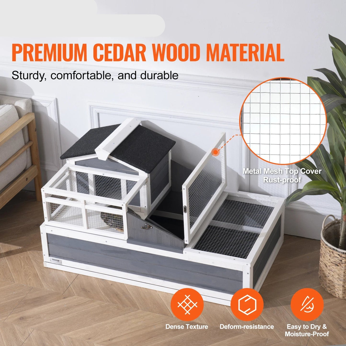 Houten - Verblijf - Terrarium Hout - Groot 3-Kamers - 112 x 65 x 61 cm - voor Schildpadden - met Transparant Dak, Geschikt voor Binnen en Buiten - QUORE