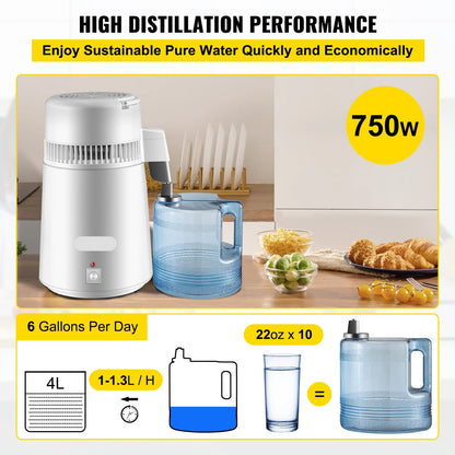 Waterdestilleerder - Destilleerapparaat - RVS - Water Destilleren - 4L - Water Distiller - Destilleerketel - Destilleerder - Purifier & Filter Dispenser – Roestvrij Stalen Drinkwaterverhitter voor Thuis en Kantoor