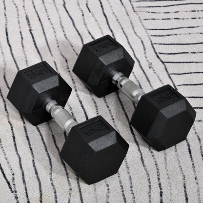 Halterset - 20 kg - Halterstang - Set van 2 Dumbbells - Hexagonaal Design - Met Rubberen Coating - Voor Krachttraining - en Fitness - Zwart en Zilver