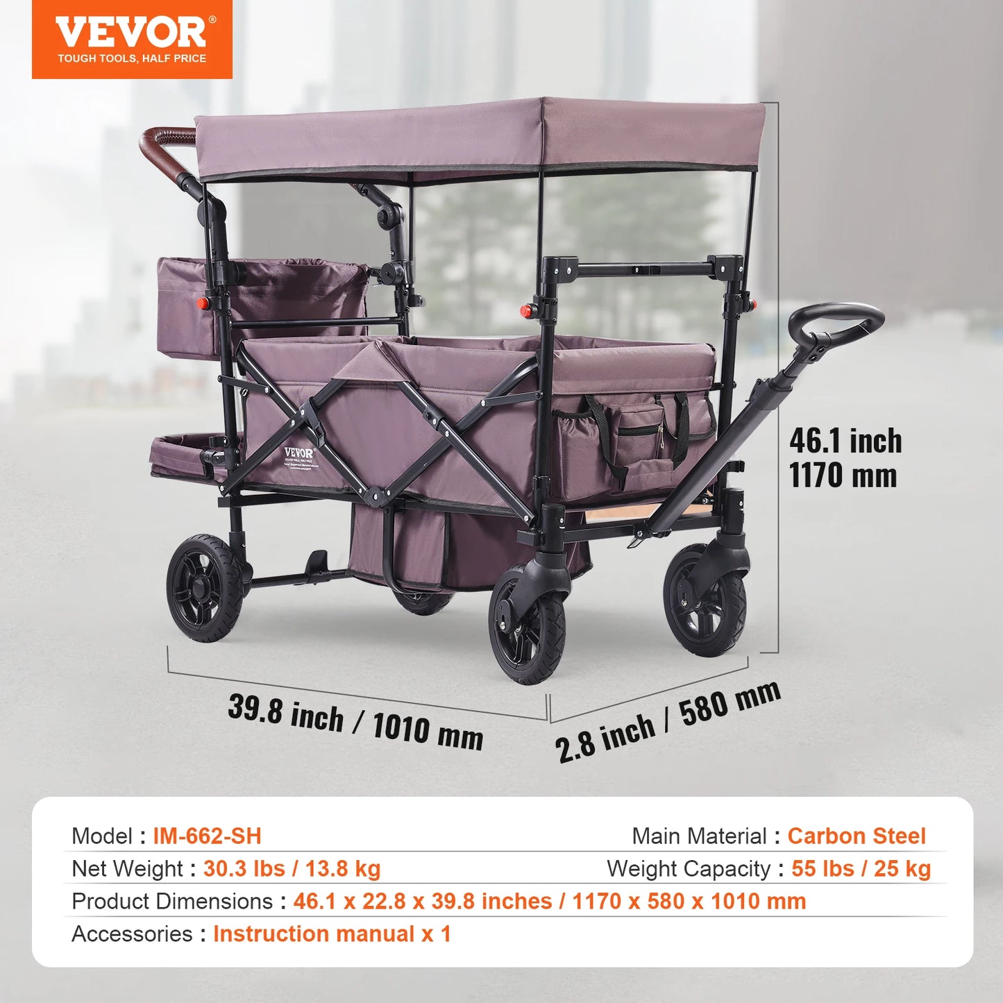 VEVOR Wagon Stroller for 2 Kids Push Pull Quad Collapsible Stroller with Adjustable Handle Encircling Harness Removable Canopy