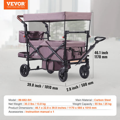 VEVOR Wagon Stroller for 2 Kids Push Pull Quad Collapsible Stroller with Adjustable Handle Encircling Harness Removable Canopy