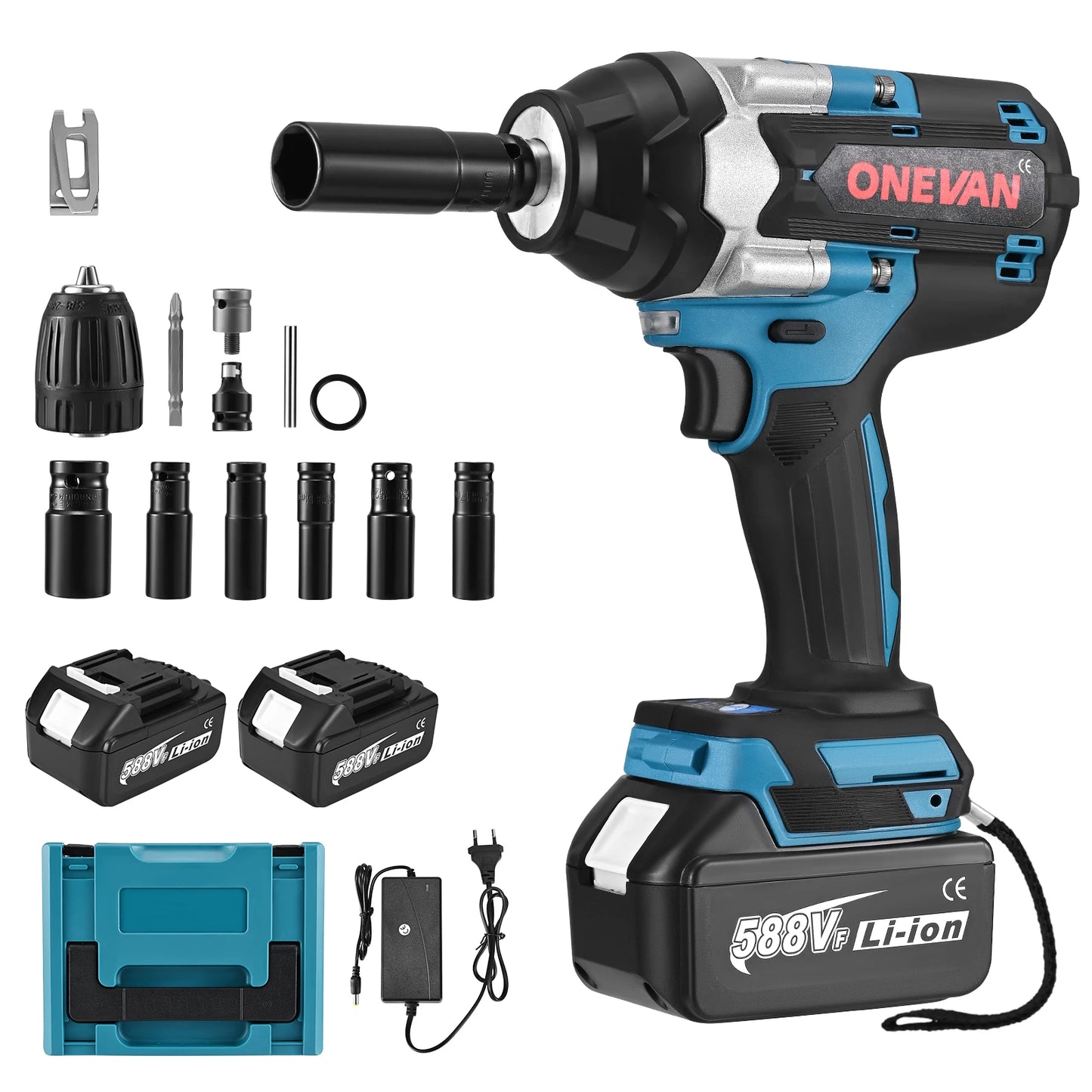 Accu Slagmoersleutel – Impact Wrench – Elektrische Moersleutel – Schroefmachine – Boormachine – Variabele Snelheid – 1000 N.m Koppel – 2 Batterijen Blauw