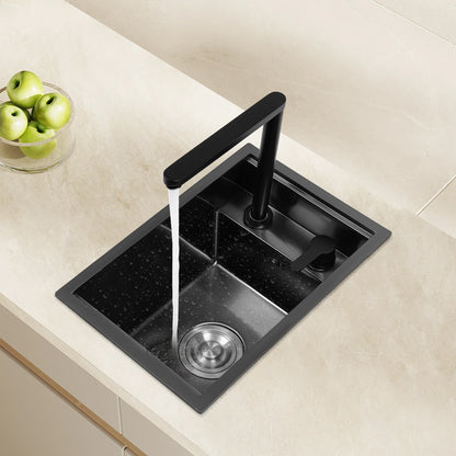 Ingebouwde Keukenspoelbak – Spoelbak Met Uittrekbare Kraan – Keukenkraan – Barspoelbak – Aanrechtspoelbak – Zwart Roestvrij Staal – Grote Spoelbak Met Nano Coating – Uittrekbare Kraan Met Warm/Koud Water