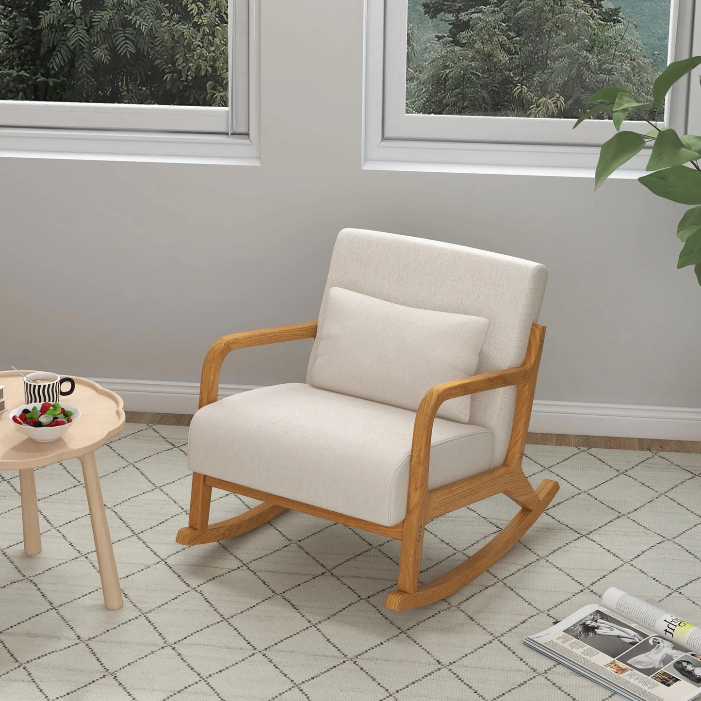 Relaxfauteuil – Relaxstoel – Schommelstoel – Wiegstoel – Linnen Stof – Ergonomische Ondersteuning – Houten Basis