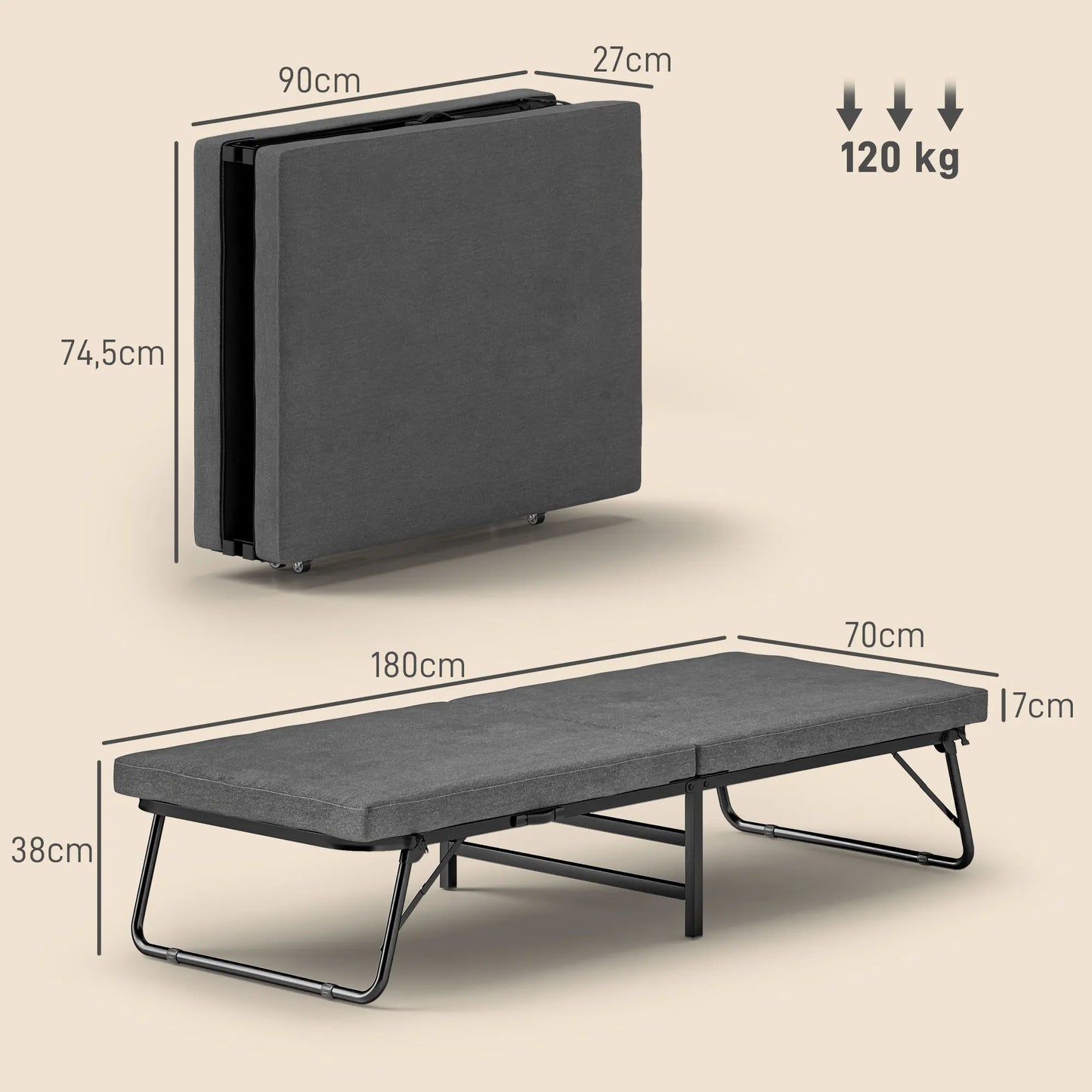 Opvouwbed – Vouwbed – Opklapbed – Logeerbed – Eenpersoonsbed – Inklapbaar Met Matras – Verstelbare Rugleuning 5 Standen - Grijs - QUORE