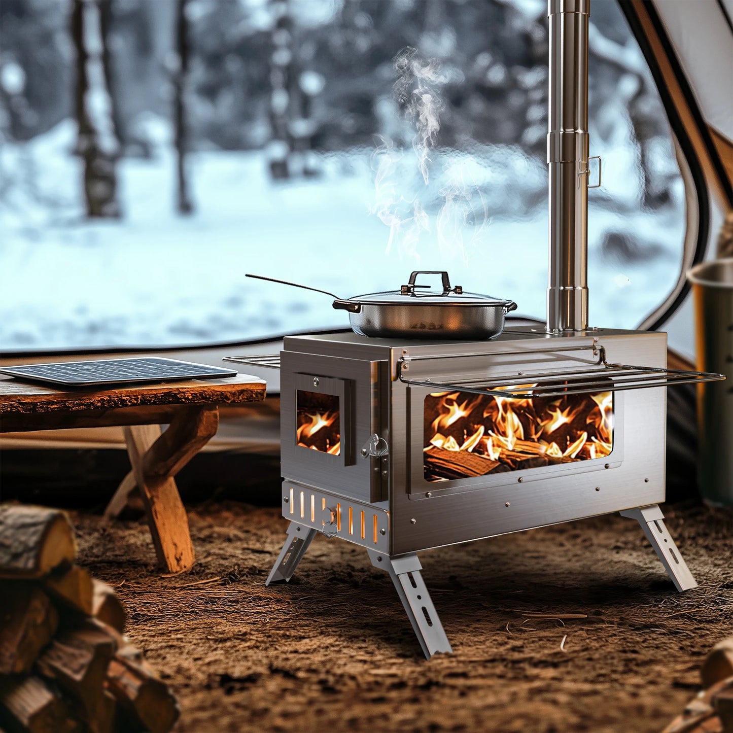 Camping Houtkachel - Houtkachel Stove - Draagbaar Houtkachelfornuis - Outdoor Houtkachel - RVS - Lichtgewicht - Houtskool Barbecues - voor Tentverwarming & Outdoor Cooking - Zilver - QUORE