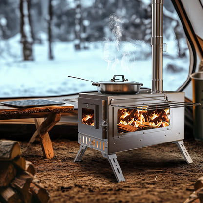Camping Houtkachel - Houtkachel Stove - Draagbaar Houtkachelfornuis - Outdoor Houtkachel - RVS - Lichtgewicht - Houtskool Barbecues - voor Tentverwarming & Outdoor Cooking - Zilver - QUORE