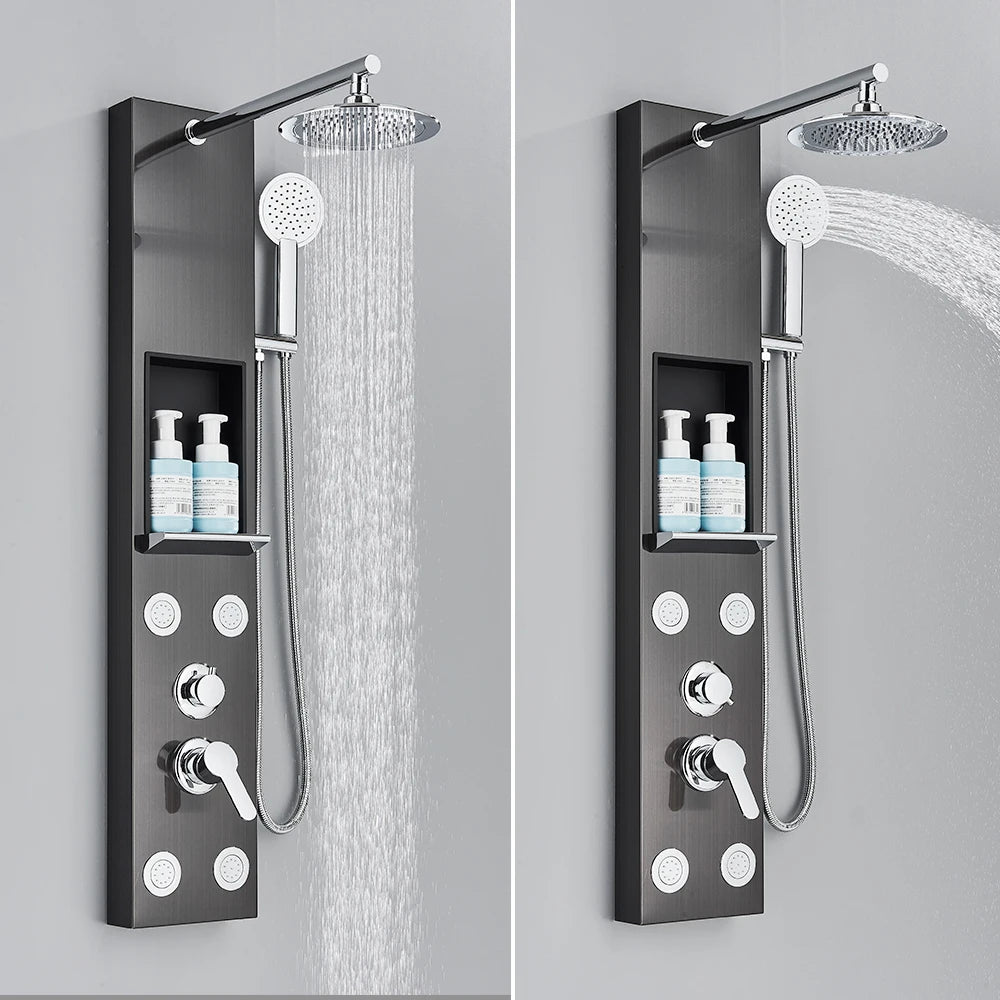Douche - Regendouche - Douchewand - Douchekolom - Douchepanelen - Douchezuil met Opbergrek - Regendouche - Massagejets - Dubbele Handgreep - Zwart - QUORE