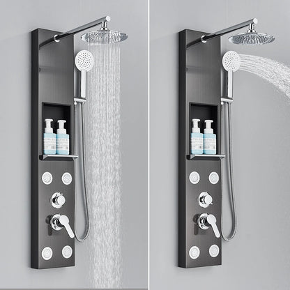 Douche - Regendouche - Douchewand - Douchekolom - Douchepanelen - Douchezuil met Opbergrek - Regendouche - Massagejets - Dubbele Handgreep - Zwart - QUORE
