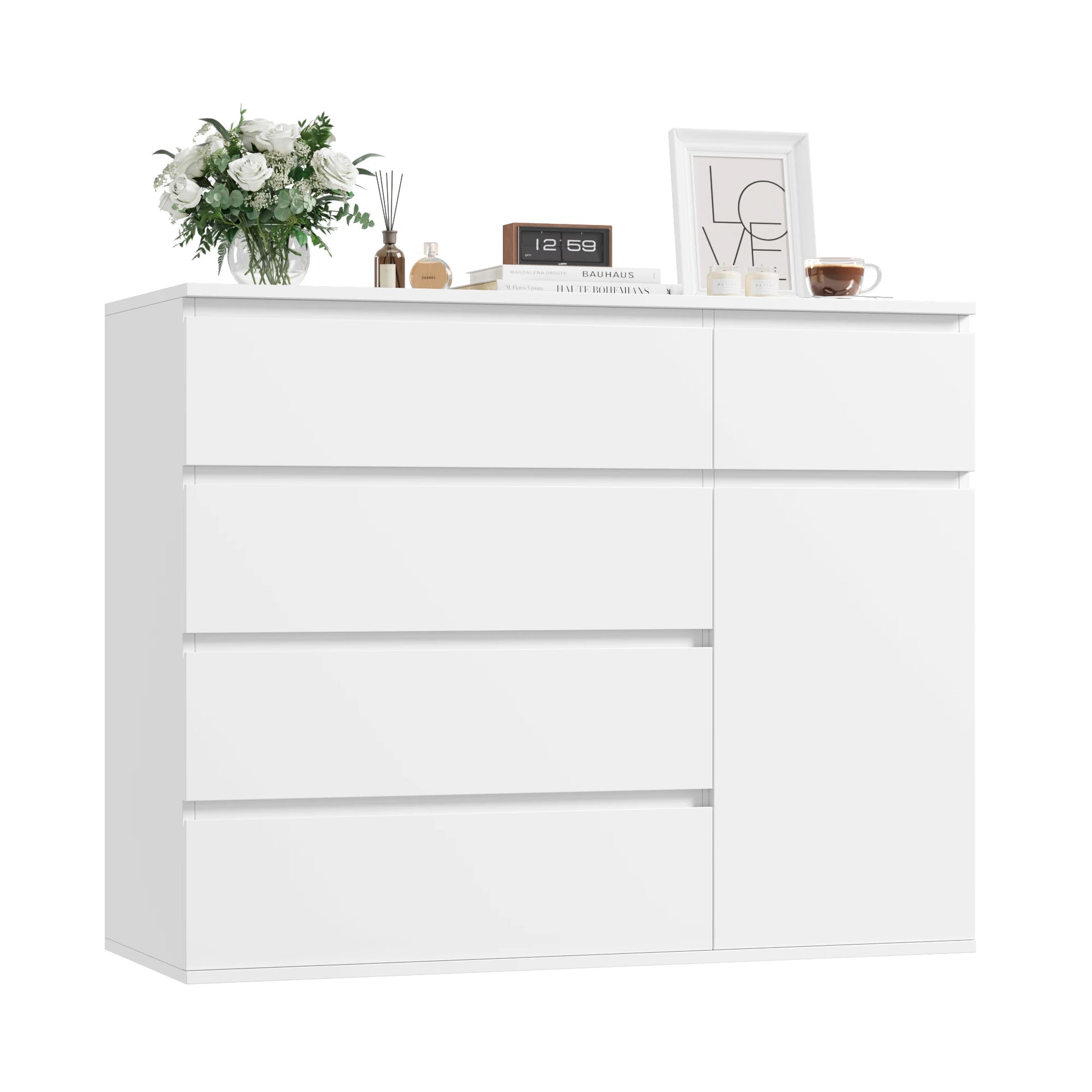 Ladekast – Dressoir – Opbergkast – Bergkast – Kast – Hoog Model – 5 Laden + 1 Deur – Mat Wit Met Zwarte Accenten – 100x80x40 cm – Veel Opbergruimte - QUORE