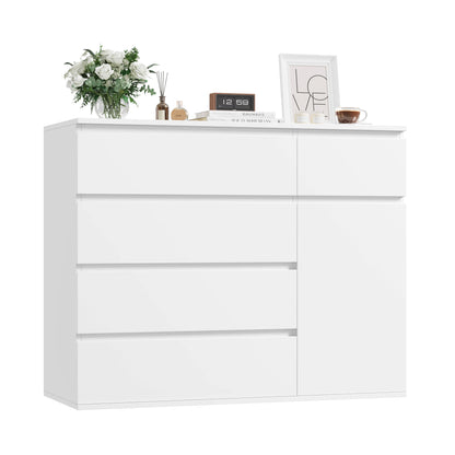 Ladekast – Dressoir – Opbergkast – Bergkast – Kast – Hoog Model – 5 Laden + 1 Deur – Mat Wit Met Zwarte Accenten – 100x80x40 cm – Veel Opbergruimte - QUORE