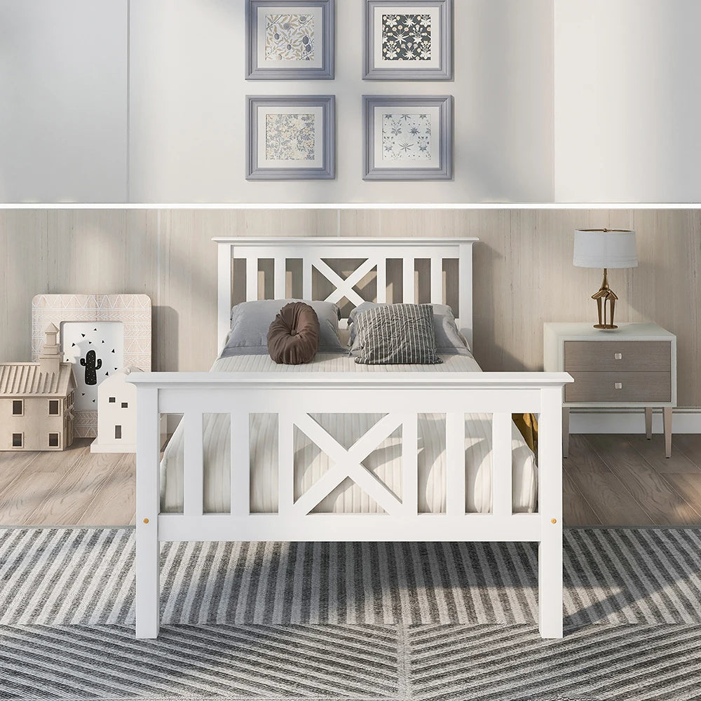 Eenpersoonsbed – Bedframe – Kinderbed – Logeerbed – Slaapbank – 90x200 cm – Massief Grenenhout – Stevige Lattenbodem – Wit