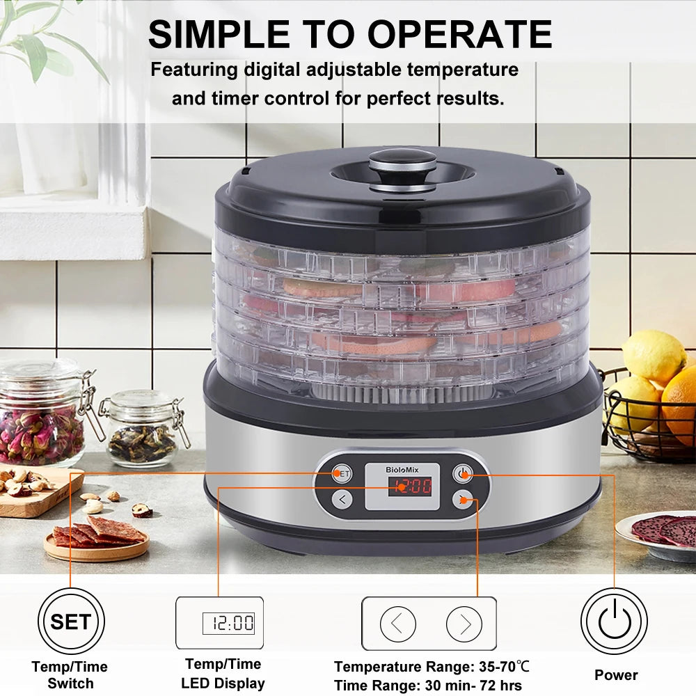 Voedseldroger – Fruitdroger – Voedsel uitdroger – Food dehydrator – Drogen machine – 6 Roestvrijstalen Trays – Digitale Temperatuur- en Timerinstelling