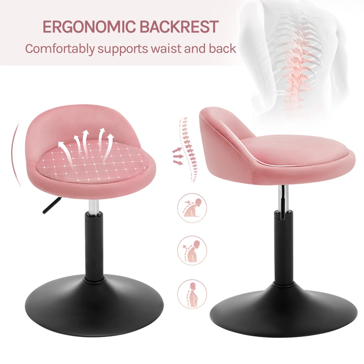 Velvet Barkrukken - Barstoel - Barkruk - Keukenstoel - Hoogte Verstelbaar & Draaibaar - Ergonomische - Comfortabele Stoelen voor Keuken, Woonkamer & Kantoor - Set van 2 - Roze