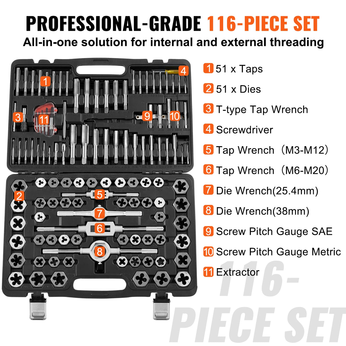 Tap- en matrijsset - Gereedschapskoffer - 116-delig - Zinklegering - Include Metric and SAE Size Bearing Steel Taps and Dies - Essentieel draadsnijgereedschap - QUORE