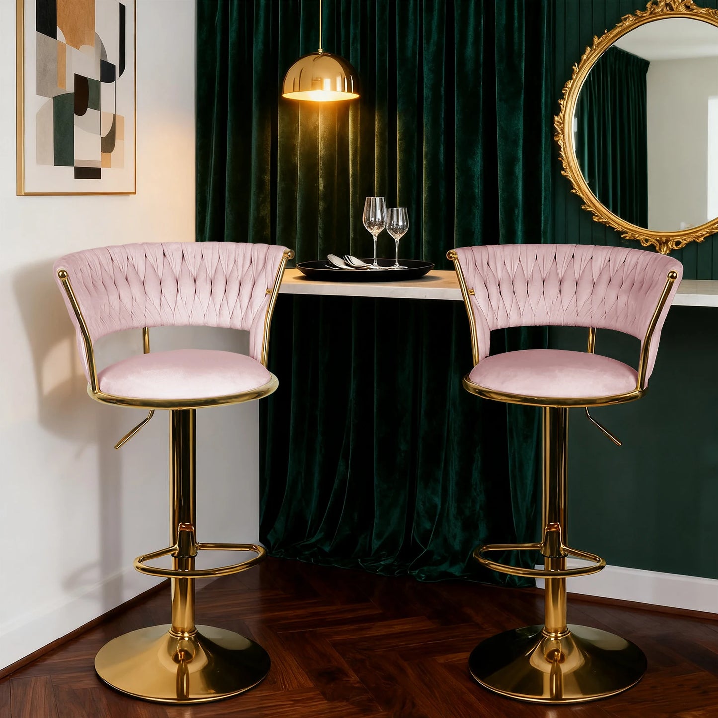 Barkrukken – Barstoelen – Keukenkrukken – Barstoelen Met Rugleuning – Keukenstoelen – Velvet Bekleding – Verstelbare Zithoogte – Draaibaar - QUORE