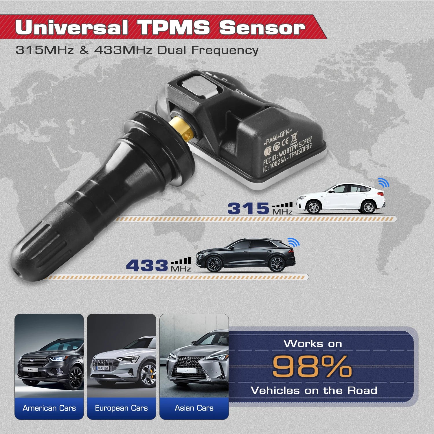 2-in-1 TPMS Sensoren - Bandenspanningsmeter - Bandenspanning - 315MHz + 433MHz -  4 Stuks – Compatibel met Meerdere Diagnoseapparaten - QUORE