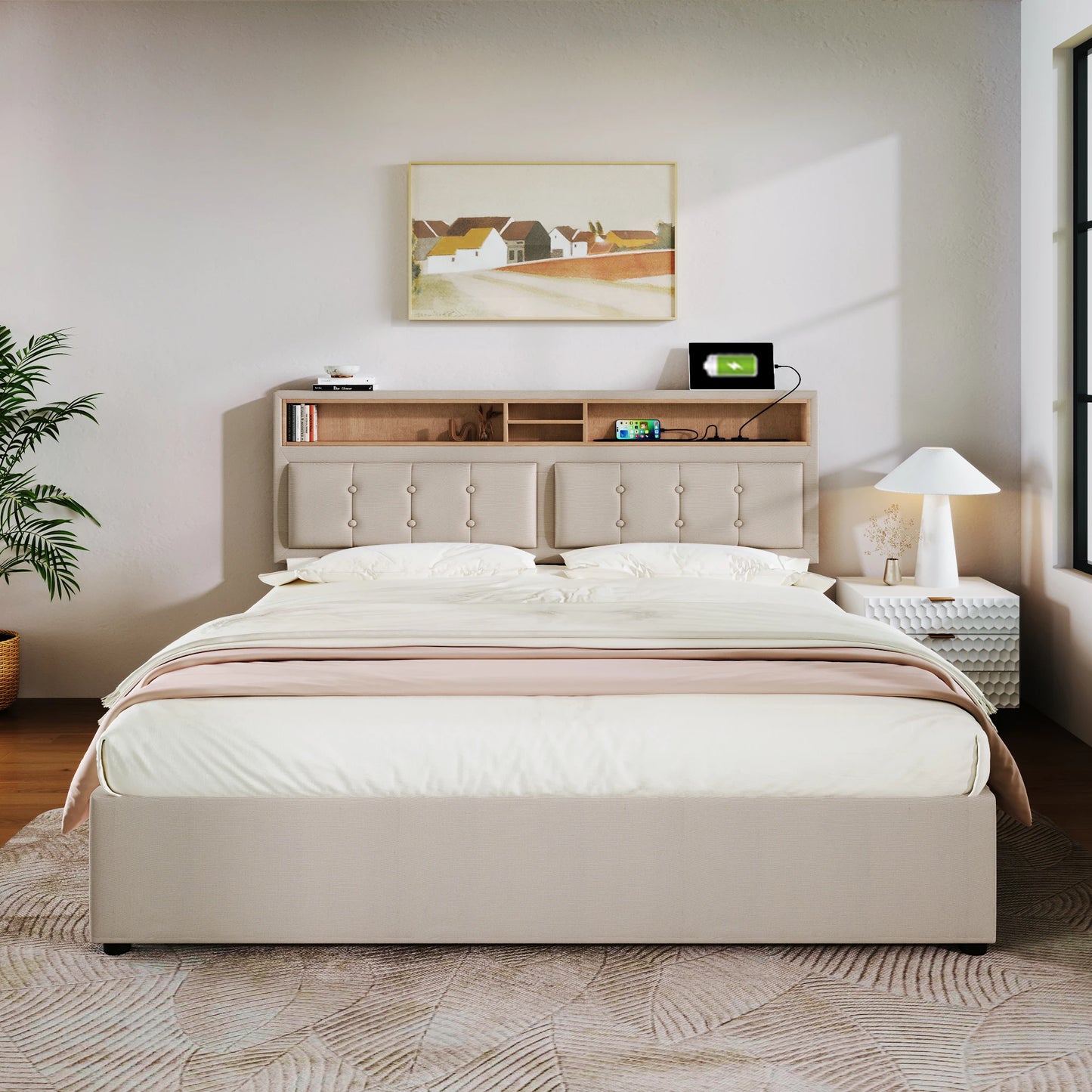 Gestoffeerd Tweepersoonsbed – Bed Met Opbergruimte – Slaapbank – Boxspring – Ledikant – 140x200 cm – Verstelbaar Hoofdbord Met USB-C Oplaadpoort