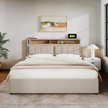 Gestoffeerd Tweepersoonsbed – Bed Met Opbergruimte – Slaapbank – Boxspring – Ledikant – 140x200 cm – Verstelbaar Hoofdbord Met USB-C Oplaadpoort