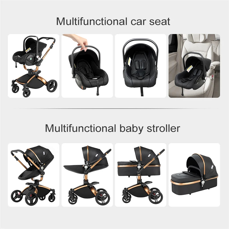 Kinderwagen - 3-in-1 Baby Stroller - Wandelwagen - Buggy - Opvouwbaar & Compact – Multifunctioneel – Inclusief Autostoel - PU Leren Bekleding - Roze