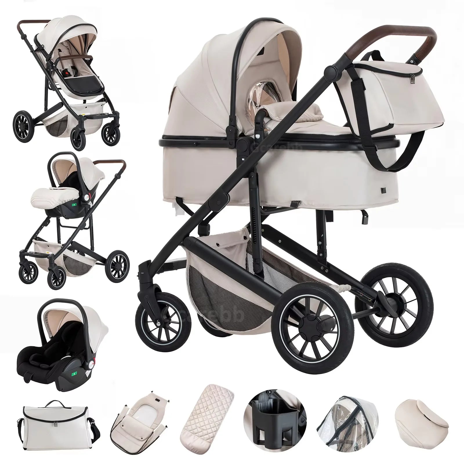 Babywagen - Kinderwagen - Buggy - Wandelwagen - 3-in-1 - met Reiswieg - en Autostoel - Opvouwbaar - Lichtgewicht - Aluminium Frame - voor Baby's - en Peuters - Beige - QUORE