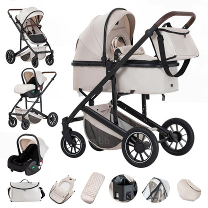 Babywagen - Kinderwagen - Buggy - Wandelwagen - 3-in-1 - met Reiswieg - en Autostoel - Opvouwbaar - Lichtgewicht - Aluminium Frame - voor Baby's - en Peuters - Beige - QUORE
