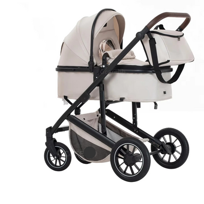 Babywagen - Kinderwagen - Buggy - Wandelwagen - 3-in-1 - met Reiswieg - en Autostoel - Opvouwbaar - Lichtgewicht - Aluminium Frame - voor Baby's - en Peuters - Beige - QUORE