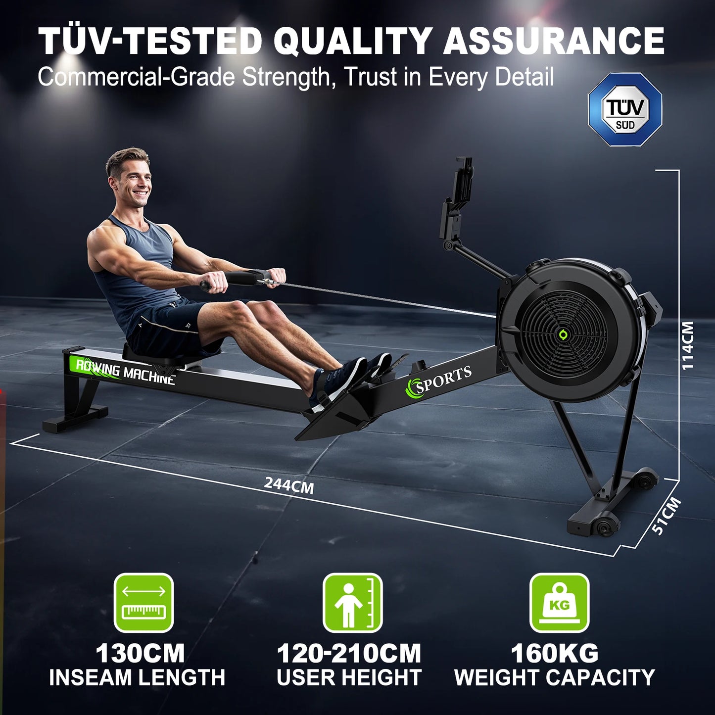 Roeimachine – Rower – Fitnessmachine – Sportmachine – Indoor Trainer – Luchtweerstand Met 10 Niveaus – Bluetooth Display Met Trainingsgegevens – Inklapbaar – Verstelbare Tablet Houder – Zwart – Max 160 kg