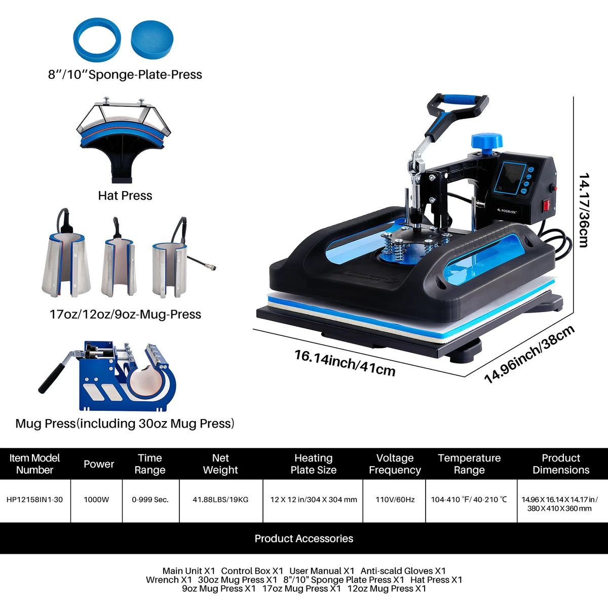8-in-1 Transferpers – 12x15 Inch – 360° Draaibaar – Digitale Hittepers met Dubbele Verwarming – Zwart