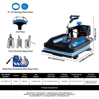 8-in-1 Transferpers – 12x15 Inch – 360° Draaibaar – Digitale Hittepers met Dubbele Verwarming – Zwart