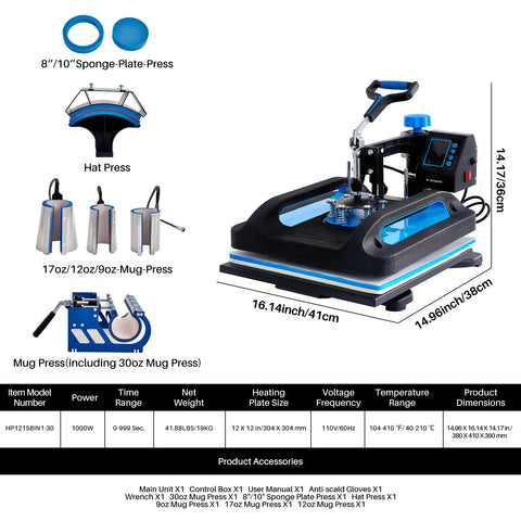 8-in-1 Transferpers – 12x15 Inch – 360° Draaibaar – Digitale Hittepers met Dubbele Verwarming – Zwart