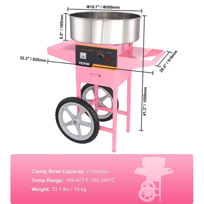 Suikerspinmachine - Elektrische Suikerspinmachine met Kar  - suikerspinmachine - Suikerspin Suiker - Professionele Suikerspinner met Roestvrijstalen Kom en Lade - Krachtige en Efficiënte Suikerspinner voor Feesten en Evenementen - 1000W - Pink
