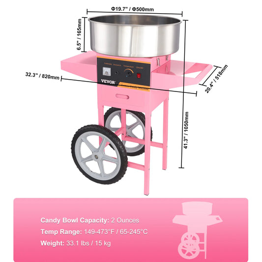Suikerspinmachine - Elektrische Suikerspinmachine met Kar  - suikerspinmachine - Suikerspin Suiker - Professionele Suikerspinner met Roestvrijstalen Kom en Lade - Krachtige en Efficiënte Suikerspinner voor Feesten en Evenementen - 1000W - Pink