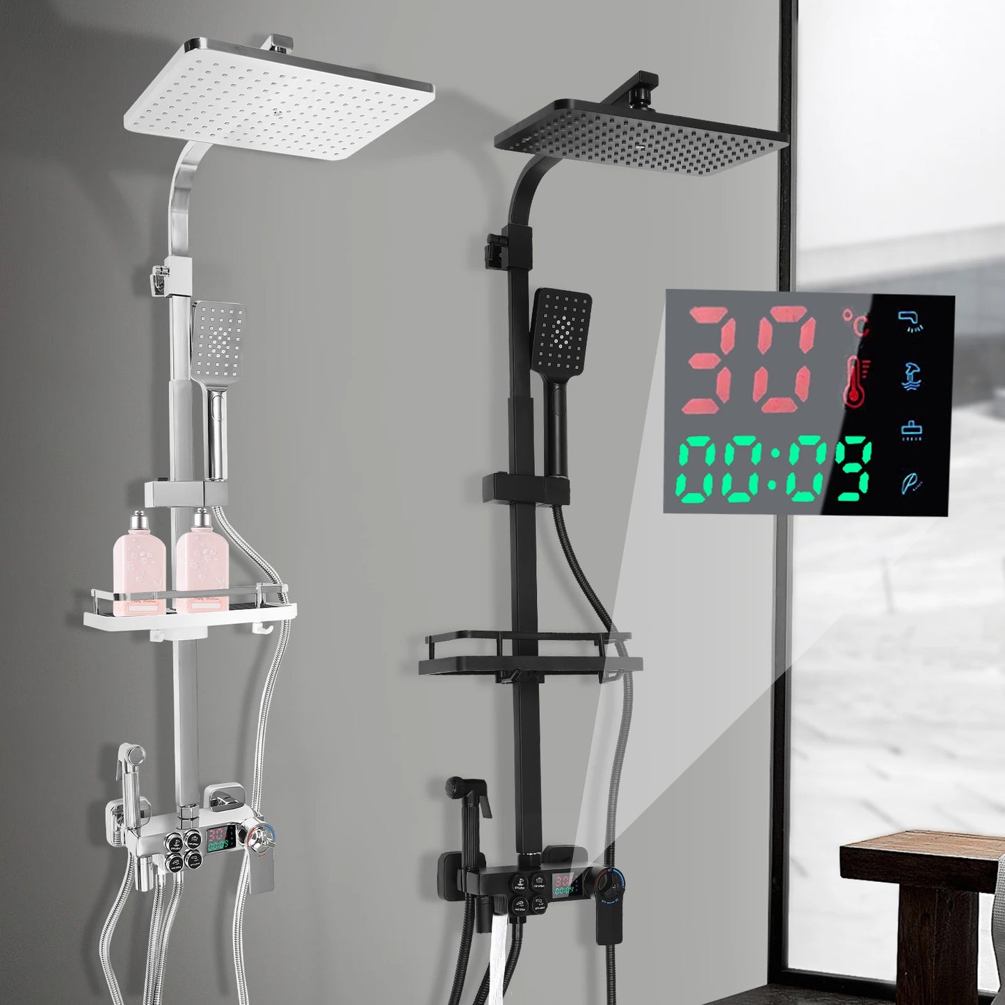 Douche - Regendouche - Douchewand - Douchekolom - Douchepanelen - LCD Douche Systeem met Thermostaat – Multifunctionele Regendouche met 4 Waterstanden – Verstelbare Hoogte 73-116 cm - Zilver - QUORE