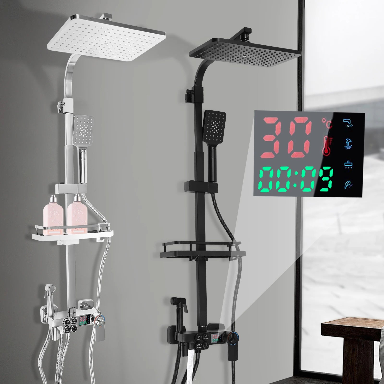 Douche - Regendouche - Douchewand - Douchekolom - Douchepanelen - LCD Douche Systeem met Thermostaat – Multifunctionele Regendouche met 4 Waterstanden – Verstelbare Hoogte 73-116 cm - Zwart - QUORE