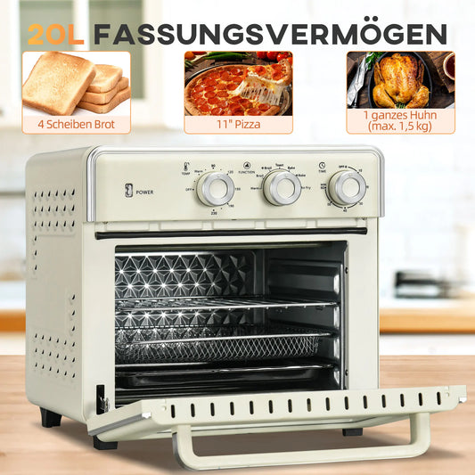 Mini oven with air circulation 20L, 7 in 1 pizza oven, baking pan set, French fry basket, breadcrumb pan, 1 hour timer, 1400 W