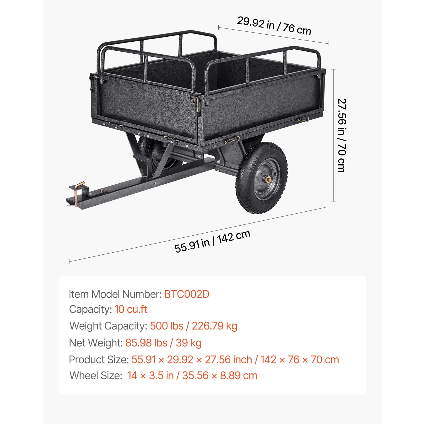Tuinkipper – Tuinaanhanger – Kipper – Grasmaaier Aanhanger – ATV Trailer – 600 Kg Draagvermogen – 16 Inch Luchtbanden - 10cu.ft