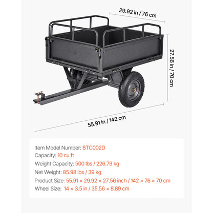 Tuinkipper – Tuinaanhanger – Kipper – Grasmaaier Aanhanger – ATV Trailer – 600 Kg Draagvermogen – 16 Inch Luchtbanden - 10cu.ft