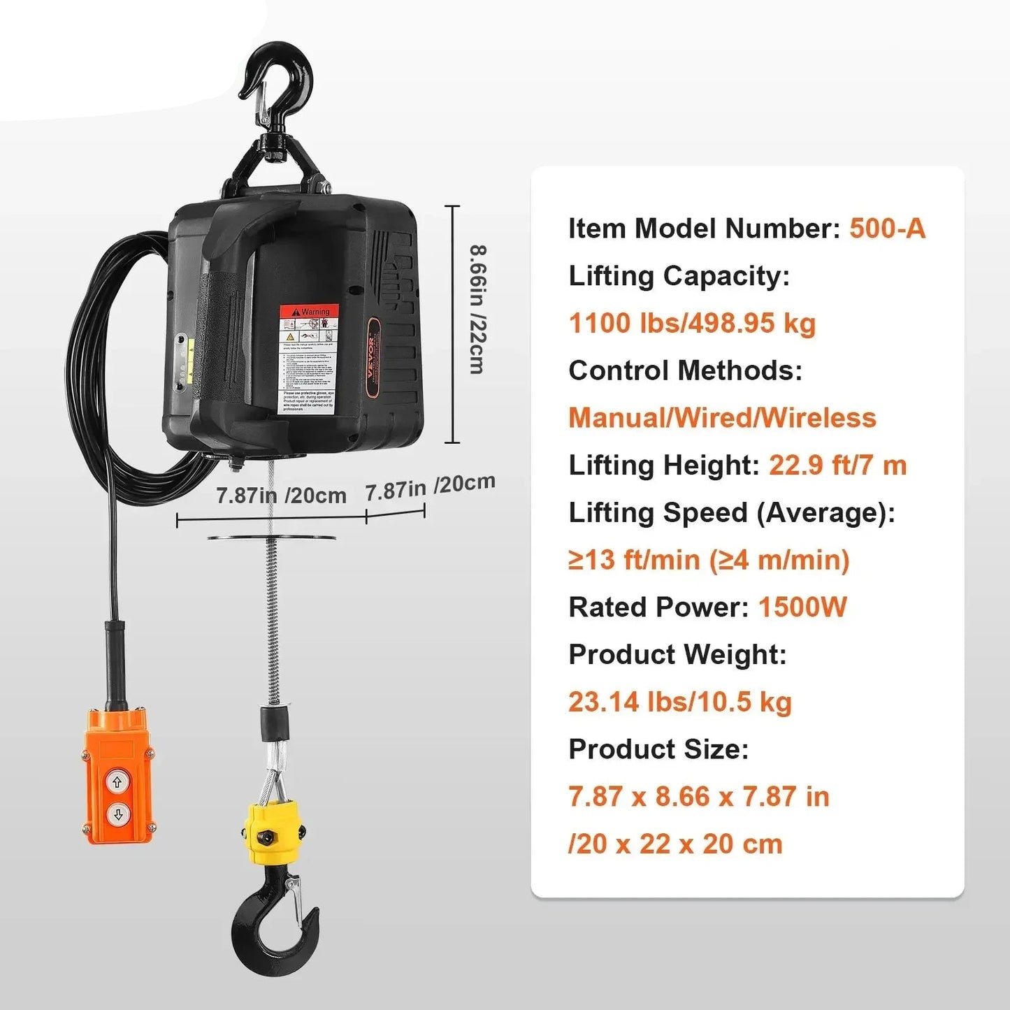 Takel - Lier - Winch - Kabeltakel - Elektrische - 500kg - 3-in-1 - met 1500W Motor en Draadloze/Wired Afstandsbediening