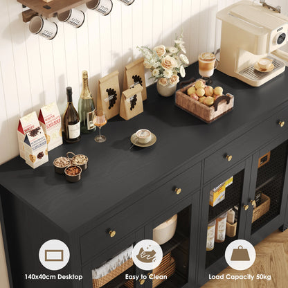 Sideboard – Dressoir – Buffetkast – Opbergkast – Wit – 140x90,7x40 cm – Met Verstelbare Planken en Stil Scharnierend Glas
