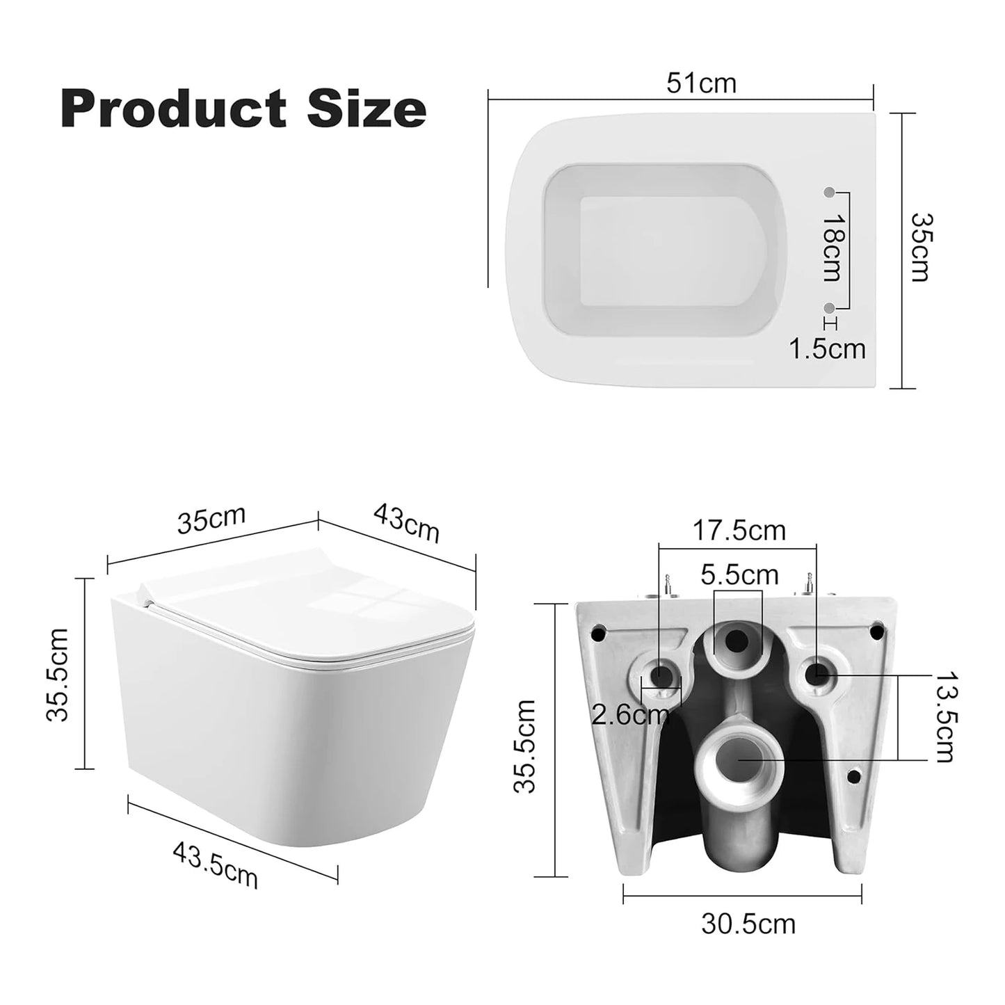 Wandtoilet – Hangend Toilet – Randloos Toilet – Toilet Zonder Rand – Keramisch Toilet – Ultra-Dunne Deksel – Soft-Close Sluiting – Waterbesparende Spoeling - QUORE