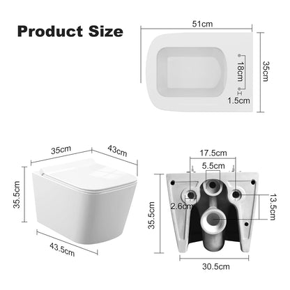 Wandtoilet – Hangend Toilet – Randloos Toilet – Toilet Zonder Rand – Keramisch Toilet – Ultra-Dunne Deksel – Soft-Close Sluiting – Waterbesparende Spoeling - QUORE