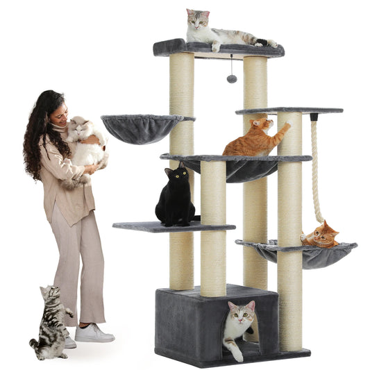 Kattenboom - voor Grote Binnenkatten – Krabpaal - Hoog Kattenmeubel - met Sisal Krabpalen - Condo Hangmat - Meerdere Verdiepingen – Arbre a Chat - met Pluche Perch Speelbal - 170cm - Grijs