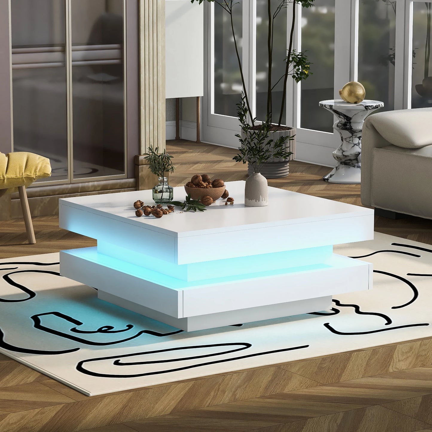 Salontafel – Witte Tafel – Moderne Tafel – Led Tafeltje – Vierkant Ontwerp – 16 Kleuren Ledverlichting – Usb Aansluiting