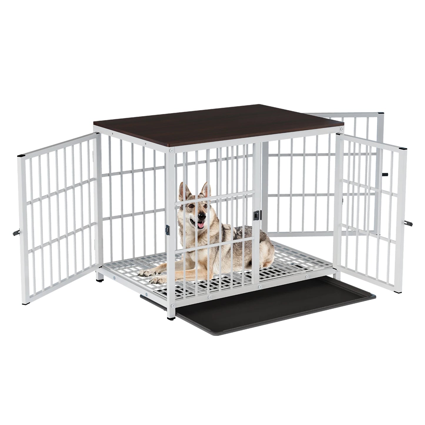 Hondenkennel – Hondenkooi – Hondentuin – Hondenbench – Hondenkooi Met Tafelblad – Wit Met Metalen Frame – Drie Deuren En Uitneembare Onderschaal - QUORE