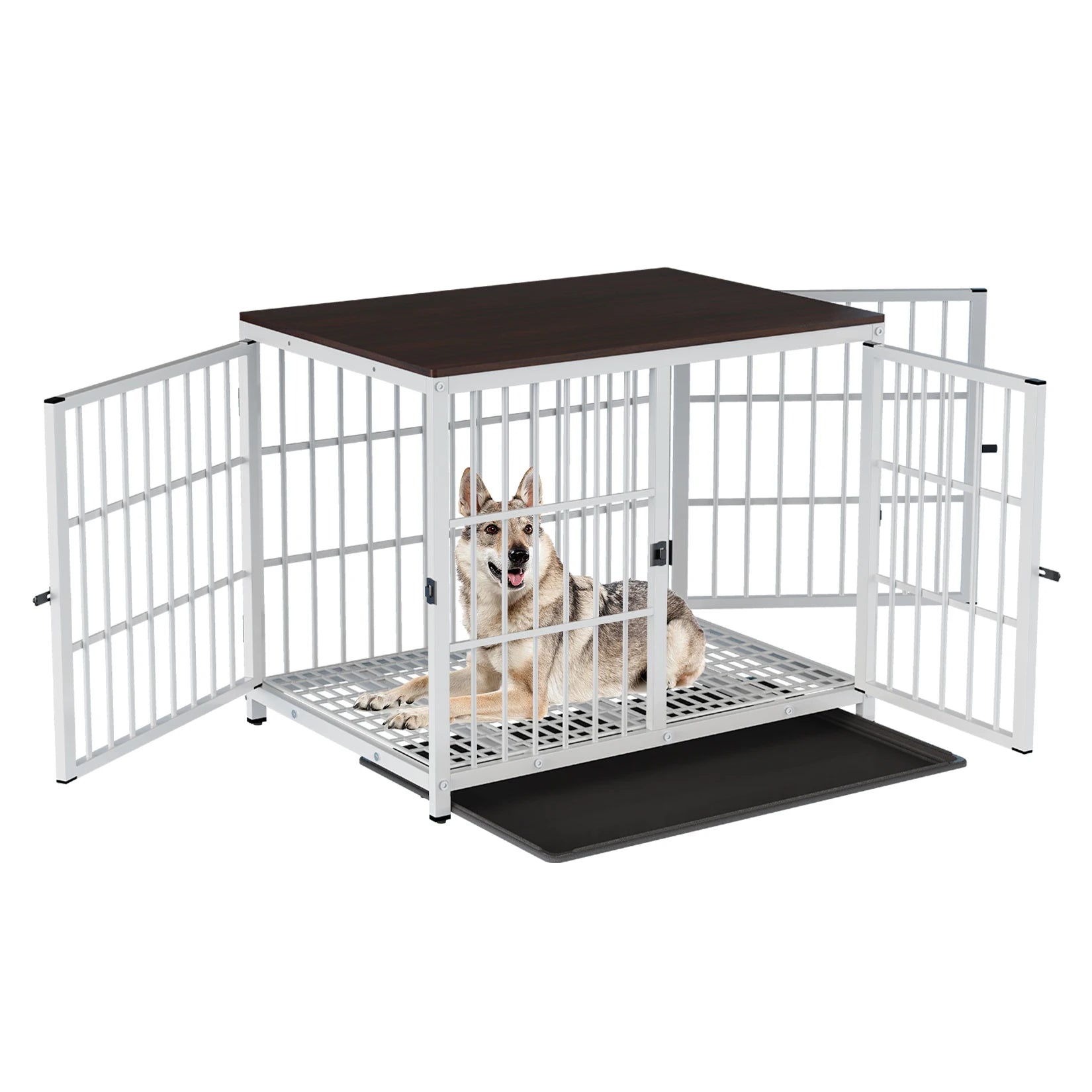 Hondenkennel – Hondenkooi – Hondentuin – Hondenbench – Hondenkooi Met Tafelblad – Wit Met Metalen Frame – Drie Deuren En Uitneembare Onderschaal - QUORE